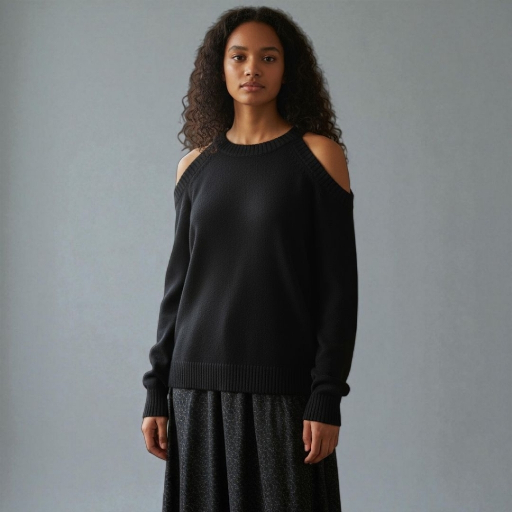 Anthropologie Knit Sweater Black Pullover Size Small Cutout Off The Shoulder